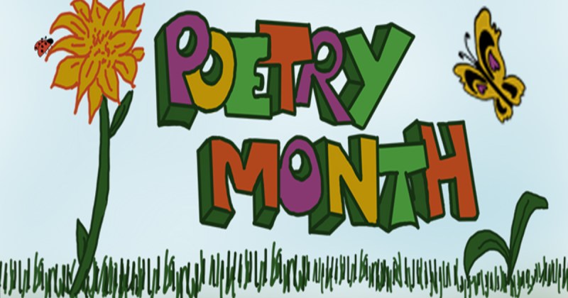 Poetry Month spring illustration with orange flower and butterfly.