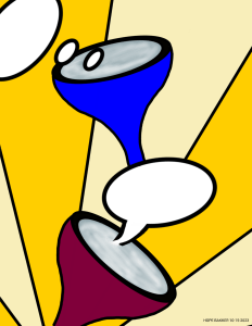 white thought bubble leading to blue funnel to words bubble leading to red funnel to background rays of gold and yellow deeds