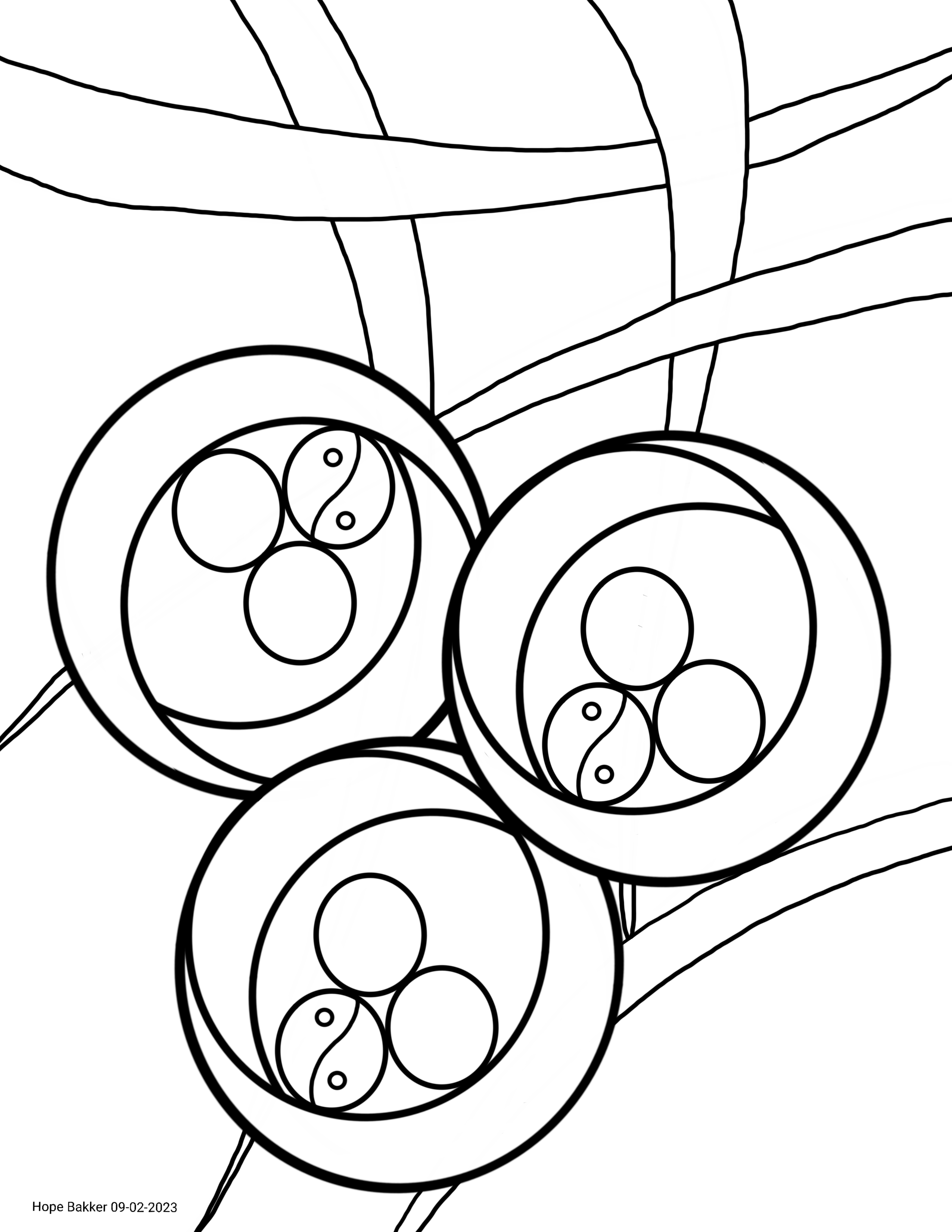 Black and white line art - Three circles with three circles inside each, two are empty and one is a yin- yang type graphic. The line behind are similar to a hashtag.