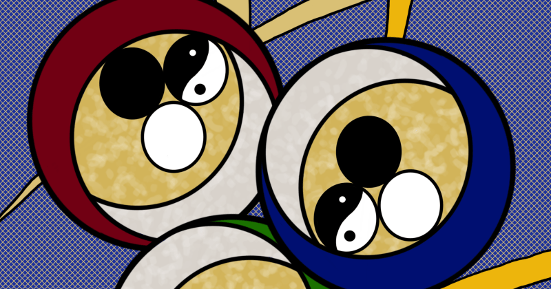 Three circles with three circles inside each; in each ring - one is black, one is white, and the last is a yin- yang type graphic. The ribbons behind are similar to a hashtag in gold or tan; The background is a denim weave in a blue color.