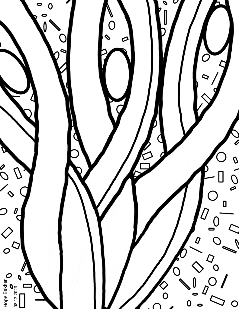 Black and white line art by Hope Bakker