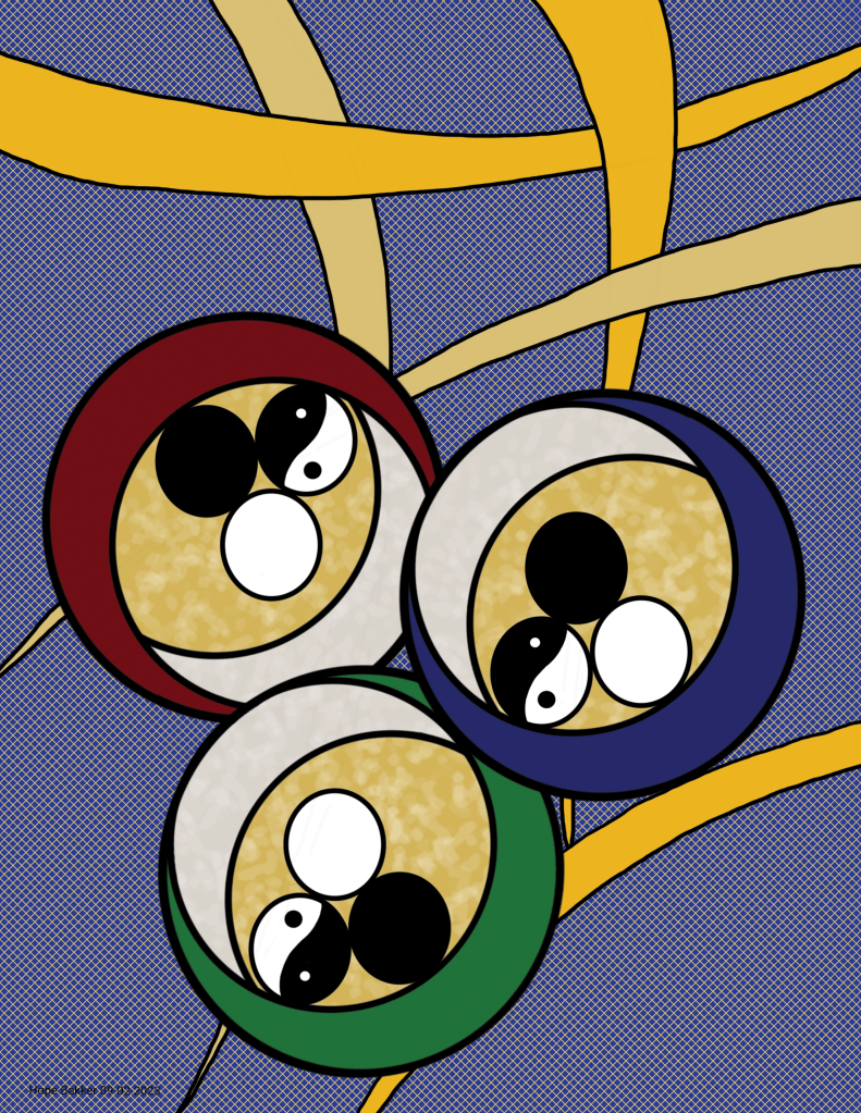 Red, green, and blue rings with silver inner rim - each with 1 black ball, 1 white ball, and 1 yin-yang ball.