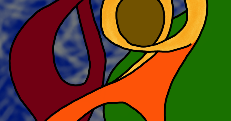 Read and orange dancers reaching to the stars.